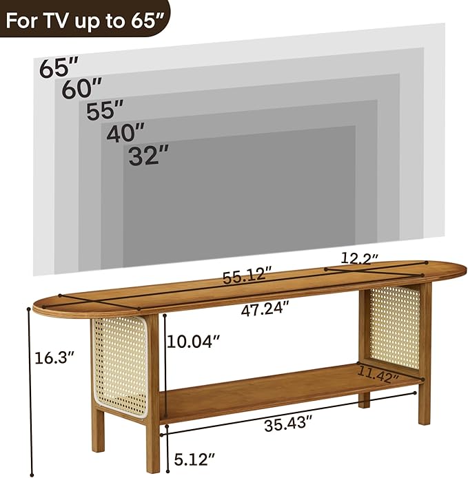 Bamboo TV Stand for TVs up to 65", Accent Entertainment Center with Storage, Media Console Table with Rattan, Modern TV Stand for Living Room, Bedroom, 55"(L), Walnut