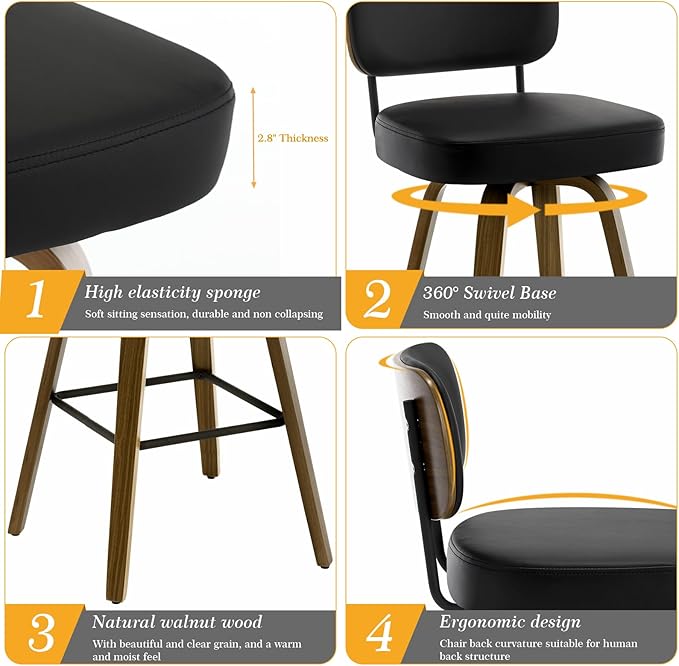 Bekrvio Swivel Bar Stools Set of 4, 29" Upholstered Faux Leather Barstools with Back and Bent Wood Legs, Mid Century Modern Bar Chair Island Stool for Kitchen Counter, Black