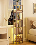 Open Book Shelf with LED Lights, 6 Tier Tall Bookshelf, Freestanding Shelf Narrow Bookcase with Open Shelves, 14.57" x 10.63" x 65.83", Book Shelves for Living Room, Office, Study, Walnut