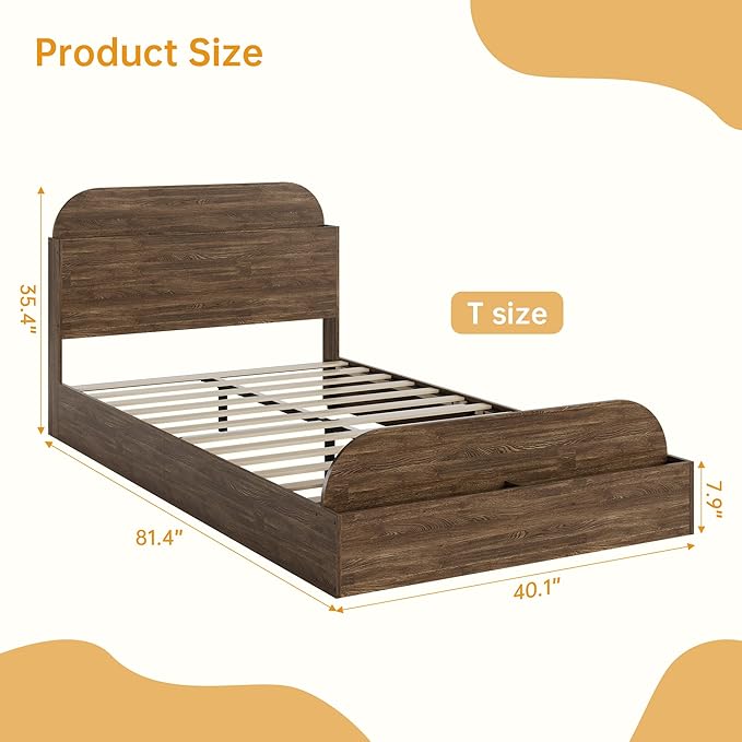 GarveeHome Twin XL Size Bed Frame, Wooden Beds with Storage Headboard and Raised-Foodboard, Twin XL-Floor Low Platform Bed for Bedroom, Sturdy Wooden Slats Support, No Box Spring Needed, Walnut