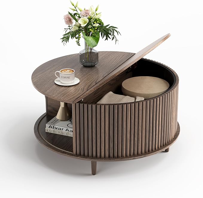 JOINICE,Round Coffee Table with Storage, 31.5" Fluted Center Table for Living Room, Modern Walnut Wood Circle Drum Table with Sliding Cabinet Door, Mid Century Furniture for Small Space