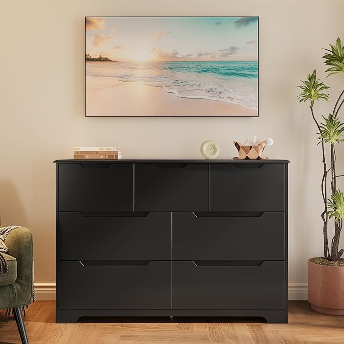Gizoon 7 Drawer Dresser, 48" Wide Wood Chest of Drawers for Bedroom, Black Modern Storage Organizer, Handle Free Design, Living Room, Kids Room, Entryway, Hallway, Black
