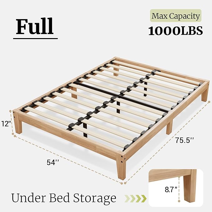 Awesofurni Full Size Bed Frame, 12 Inch Solid Wood Platform Bed with Wooden Slats, Natural Finish Wood Bed Frame No Box Spring Needed, Noise Free - Easy Assembly