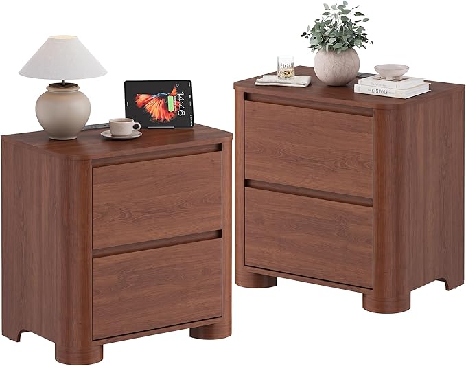 Walnut Nightstands Set of 2 with Charging Station, 23.6" Modern Night Stand with Unique Thickened Foot and 2 Storage Drawers, Bedside Table with Rounded Corner Design for Bedroom