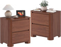 Walnut Nightstands Set of 2 with Charging Station, 23.6" Modern Night Stand with Unique Thickened Foot and 2 Storage Drawers, Bedside Table with Rounded Corner Design for Bedroom