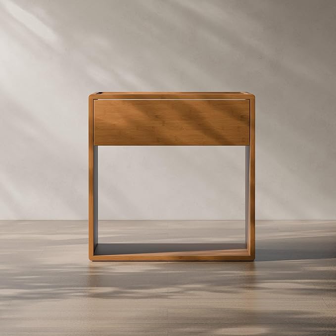 RECCI Solid Bamboo Nightstand, Sustainable Curved Classic Mid-Century Modern Wood Bedside Table with Soft-Close Drawer, Handle-Free Design, Open Shelf Storage, No Assembly Required (Walnut)