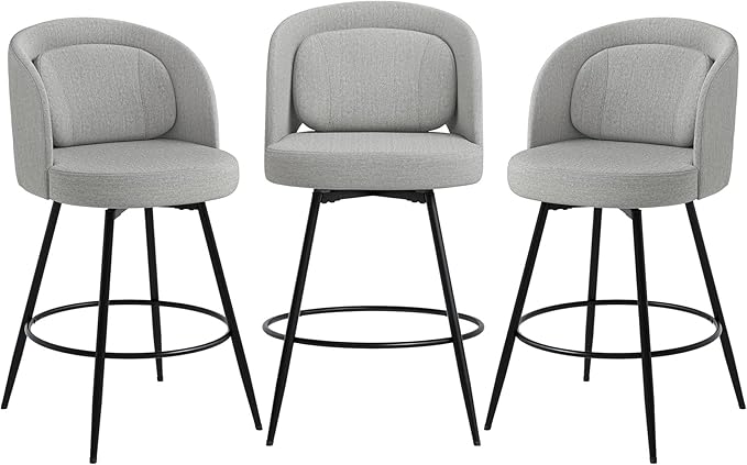 LUE BONA 26''H Swivel Bar Stools Set of 3, Counter Height Bar Stools with Backs, Lumbar Pillow and Black Metal Frames, Upholstered Morden Barstools for Kitchen Island, Linen Farbic, Gray