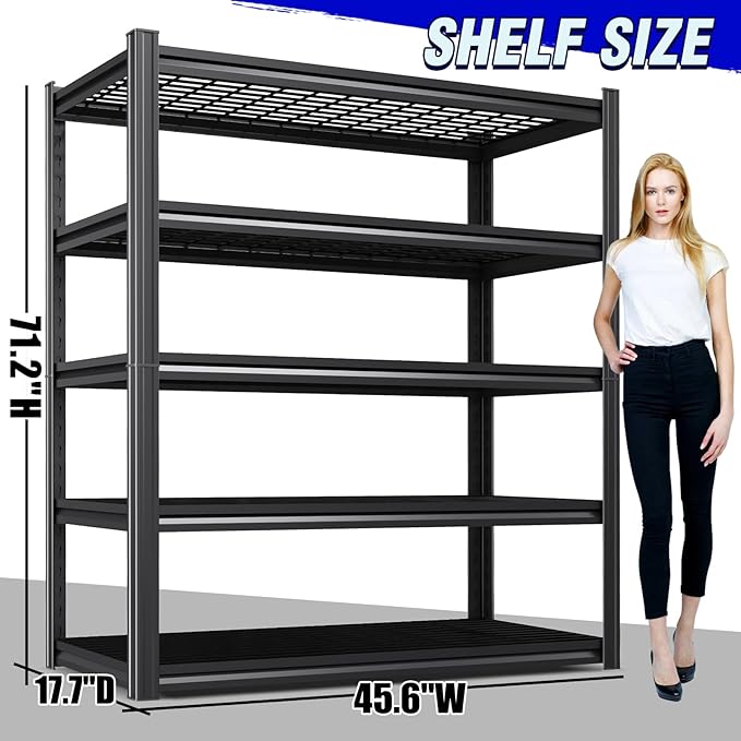 5-Tier Heavy-Duty Steel Storage Shelving Unit (71”H x 46”W x 17.7”D), Adjustable Boltless Rack, 2500 lbs Capacity – Durable Organizer for Garage, Kitchen, Basement & Workshop Black