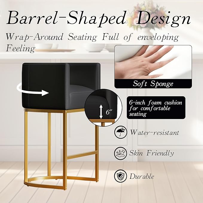 24" Modern Counter Height Bar Stools,PU Leather Upholstered Barrel Barstools with Backs,Island Chairs Bar Stools Set of 1,Metal Gold Frames Ink Black Leather