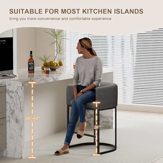 26" H Counter Height Bar Stools Set of 4, Modern Barrel Counter Stools with Backrest and Arms, Linen Fabric Upholstered Accent Barstools for Kitchen Island,Support 450 LBS (Carbon Black)
