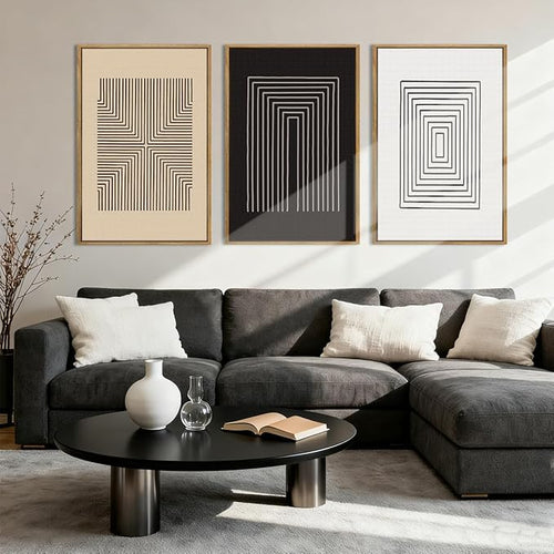 Anyzal Extra Large Abstract Black Framed Wall Art 24x36 Inch Boho Modern Canvas Wall Decor Brown White Minimalist Art prints for Living Room Bedroom Office Set of 3