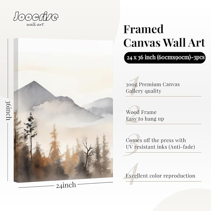 Neutral Mountain Wall Art Decor Set of 3 Forest Canvas Wall Art Poster Landscape Wall Art Artwork Modern Pictures Abstract Painting Watercolor Prints for Living Room Bedroom 24x36 Inch Wrapped Canvas