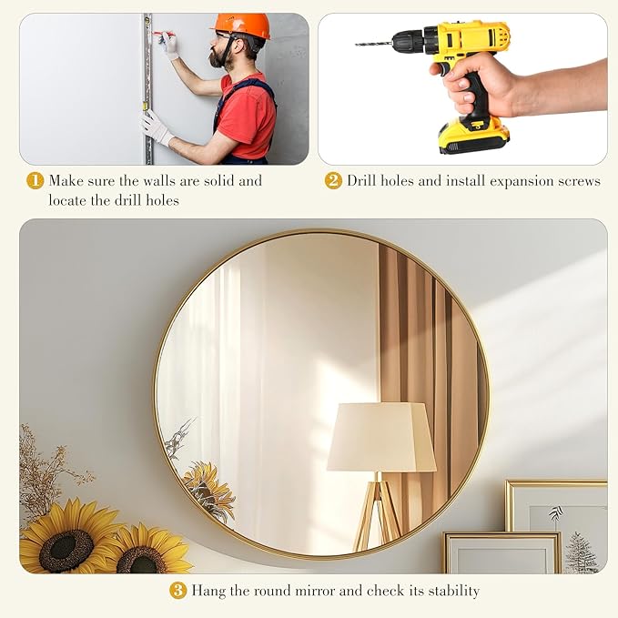 NEWBULIG 20 Inch Round Wall Mirror, Bathroom Mirror for Over Sink, Matte Metal Framed Circle Vanity Mirror, Wall Decor for Bedroom, Anti-Rust, Tempered Glass, Hanging or Leaning, Classic Gold