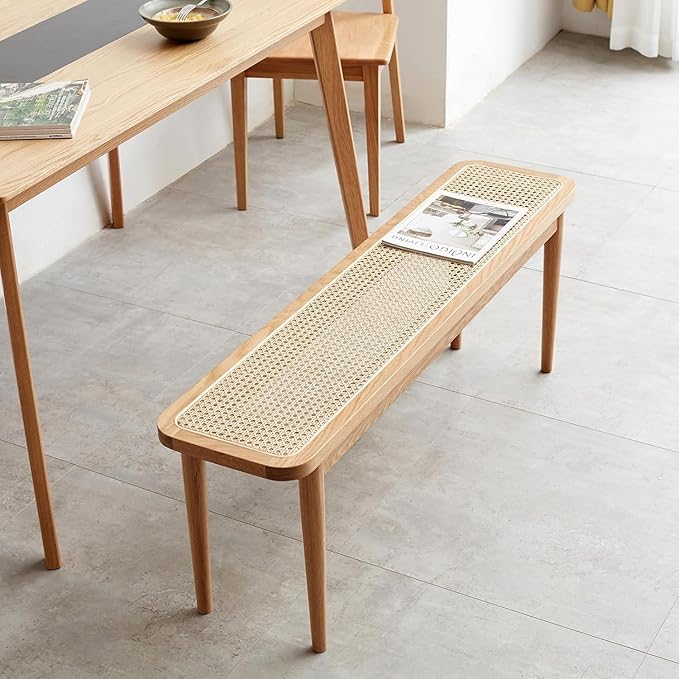 49.21’’-76.77’’ Extendable Dining Table and Chairs Set for 4, 100% Solid Wood Oak Dining Sets, Mid Century Modern Kitchen Table and Chairs Set for Living Room, Apartment (Table+Rattan Bench)