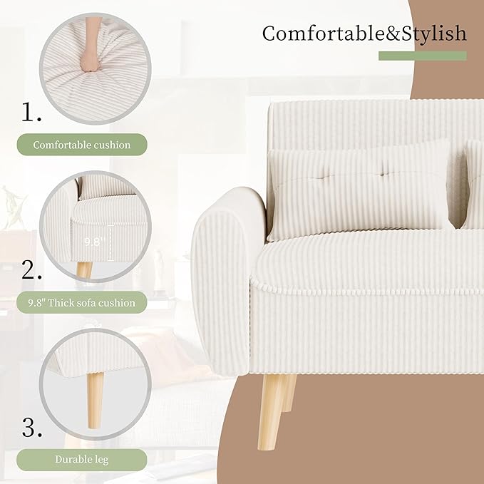 Vongrasig 48" Small Modern Loveseat Sofa, Mid Century Soft Corduroy Fabric 3-Seat Sofa Couch Tufted with Back Cushions and Tapered Legs for Living Room, Bedroom and Small Space, White