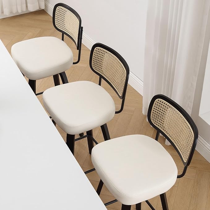 Bekrvio Swivel Bar Height Stools Set of 4, Upholstered Faux Leather Barstools with Rattan Back, 29" Seat Height Tall Bar Stools for Kitchen Counter, Black Wood Frame, Cream White