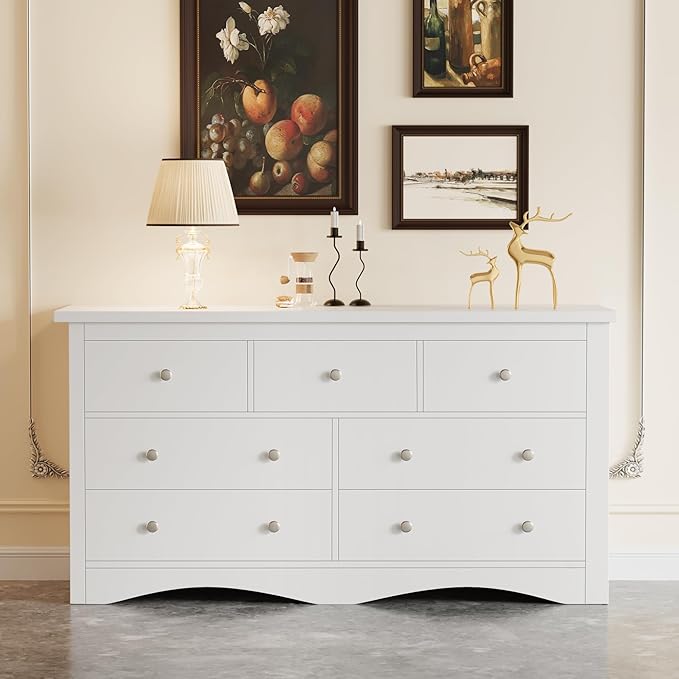 Furmax Dresser for Bedroom, 7 Wood Dresser, Chest of Drawers, for TV up to 65 inch, TV Stand Storage Chest of Drawers for Hallway Entryway (White)