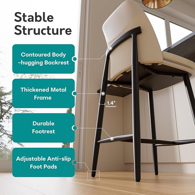 GXJ Bar Stools Set of 6, Upholstered Counter Height Bar Stools, 26 Inch Modern Counter Stools with Back, Textured Leather&Fabric, Metal Legs,Barstools for Kitchen Island Dining Room, White