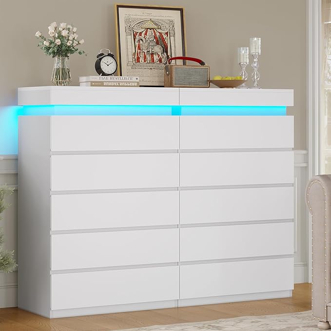 HAUOMS Tall 5 Drawer Dresser with LED Light, White Modern Chest of Drawers for Bedroom,Closet Dressers with Drawers for Living Room, Entryway, Hallway