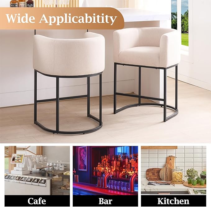 ClinQ 26" H Counter Height Bar Stools Set of 3, Modern Barrel Counter Stools with Backrest and Arms, Black Metal Frames, Linen Fabric Upholstered Accent Barstools for Kitchen Island,Linen Color