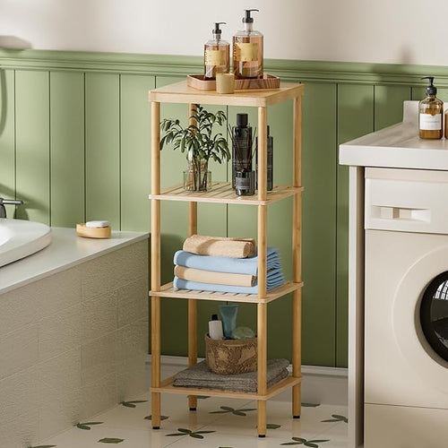 AmazerBath Bamboo Bathroom Shelf, 4-Tier Bathroom Storage Shelf, Multifunctional Storage Rack for Living Room Bedroom Kitchen, Space Saver