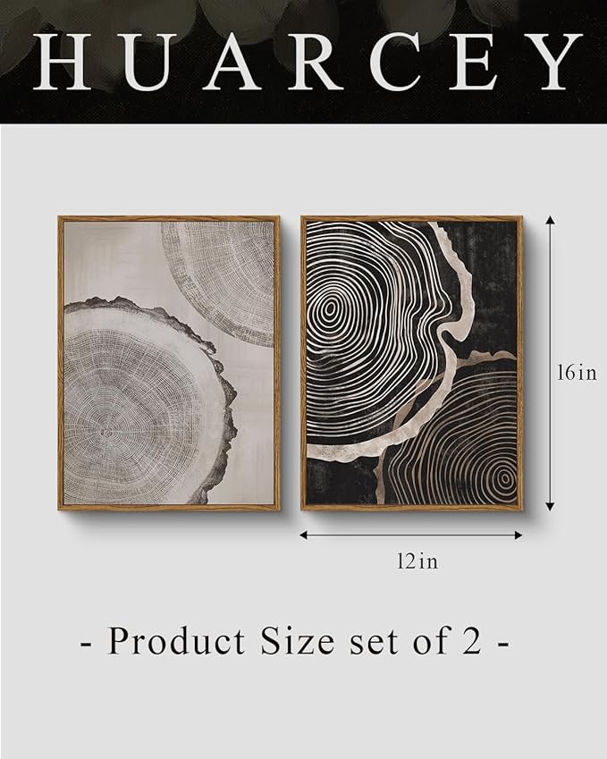 HUARCEY Framed Canvas Art Print Set 2PCS Wood Tree Ring Spiral Wall Art, Modern Neutral Nature Print Set of 2 Minimalist Abstract Nordic Wall Decor, Diptych Log Slice Wood Stump Painting