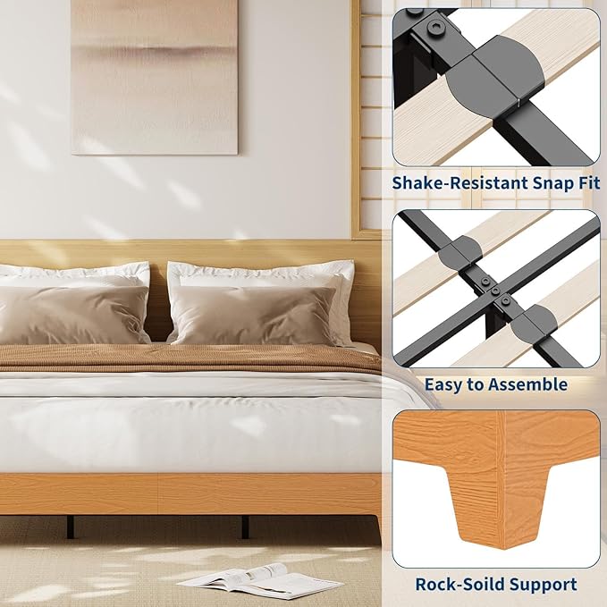 GarveeHome Queen Size Platform Bed Frame, Minimalist Wood Bed Frame No Headboard Needed, Sturdy Low Profile Bed with Natural Wood Grain, Noise-Free & Easy Assembly