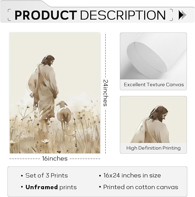 Jesus Leaves the 99 Sheep Wall Art Christian Canvas Poster Jesus and Lamb Wall Decor Religious Pictures Lost Sheep Painting God Christ Painting Artwork for Bedroom Living Room 16x24x3 Inch Unframed
