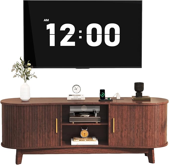Mid Century Modern TV Stand for 65 Inch TVs, Fluted TV Stands with Open Shelves and Sliding Door, Media Cabinet with Power Outlet, Entertainment Center with Storage for Living Room, Red Brown
