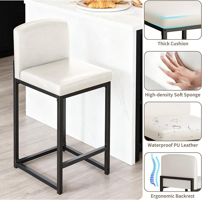 GarveeHome Bar Stools Set of 6, Modern Counter Height Bar Stools with Back and Footrest, Faux Leather Upholstered Barstools Chairs for Kitchen Island Dining Room Bar, White