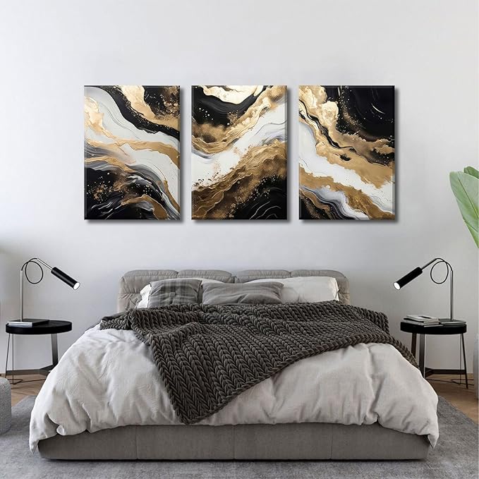 Black and Gold Abstract Canvas Wall Art Set of 3 Abstract Black Gold Marble Wall Decor Pictures Neutral Modern Minimalist Posters Prints for Living Room Bedroom Home Decoration 16x24in