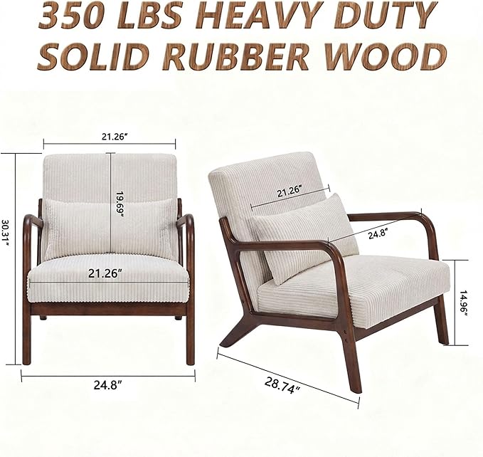 Set of 2 Mid Century Modern Accent Chair with Solid Rubberwood Frame, Comfy Corduroy Reading Armchair with Lumbar Pillow, Compact Lounge Chair for Bedroom, Living Room & Small Spaces