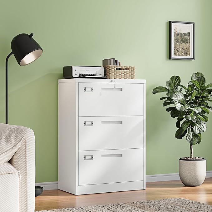 Letaya 3 Drawer File Cabinets with Lock,Metal Lateral Filing Storage Cabinet Printer Stand,White Steel Home Office Cabinet for Hanging Files Letter/Legal/A4 Size (White, H39.84×W28.35×D15.74)