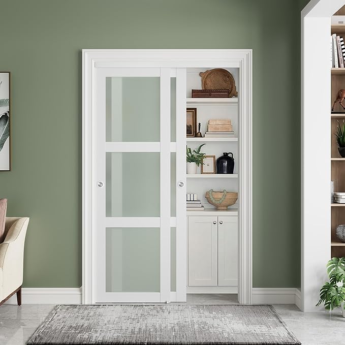 SMARTSTANDARD Sliding Closet Door 48x80(Double 25") Inch, Bypass Frosted Glass 3-Lite,Hardware Kit with Handles Included, Preassembled MDF with PVC Panels for Easy Install, White