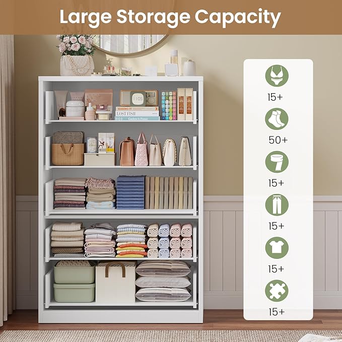 HAUOMS Tall 5 Drawer Dresser, White Modern Chest of Drawers for Bedroom,Closet Dressers with Drawers for Living Room, Entryway, Hallway