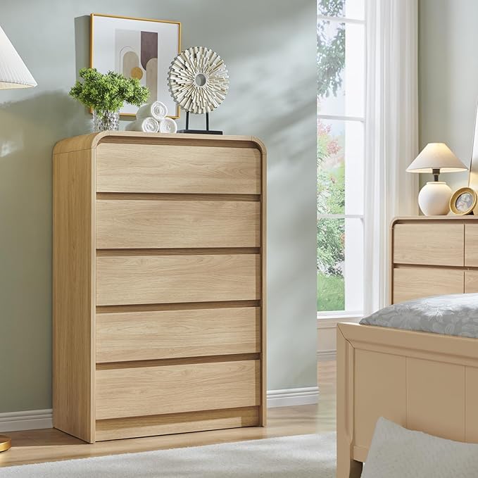 Aitjunz Modern 5 Drawers Dresser for Bedroom, 45" Tall Dressers & Chests of Drawers w/Curved Profile Design, Wood Mid Century Vertical Dresser w/Natural Texture for Bedroom, Living Room, Natural Oak