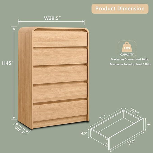 Aitjunz Modern 5 Drawers Dresser for Bedroom, 45" Tall Dressers & Chests of Drawers w/Curved Profile Design, Wood Mid Century Vertical Dresser w/Natural Texture for Bedroom, Living Room, Natural Oak