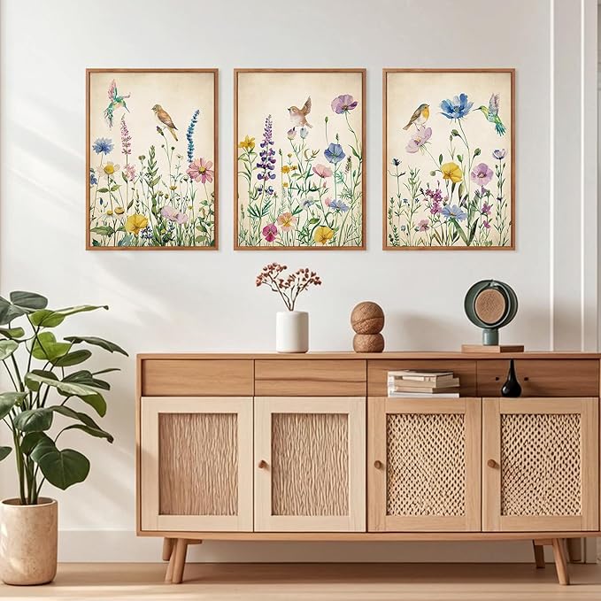 HPNIUB Vintage Wildflower Birds Framed Canvas Wall Art Set, Modern Nature Botanical Wall Decor, Colorful Floral Art Prints Spring Artwork for Living Room Dining Room Bedroom(Set of 3,12X16 Inch)