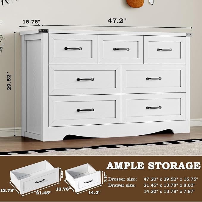 BORNOON 7-Drawer Dresser for Bedroom, Modern Wooden Chest of Drawers with Metal Handles, Anti-Tipping Design, Sturdy and Stable Storage Organizer for Living Room, Entryway, Home Office