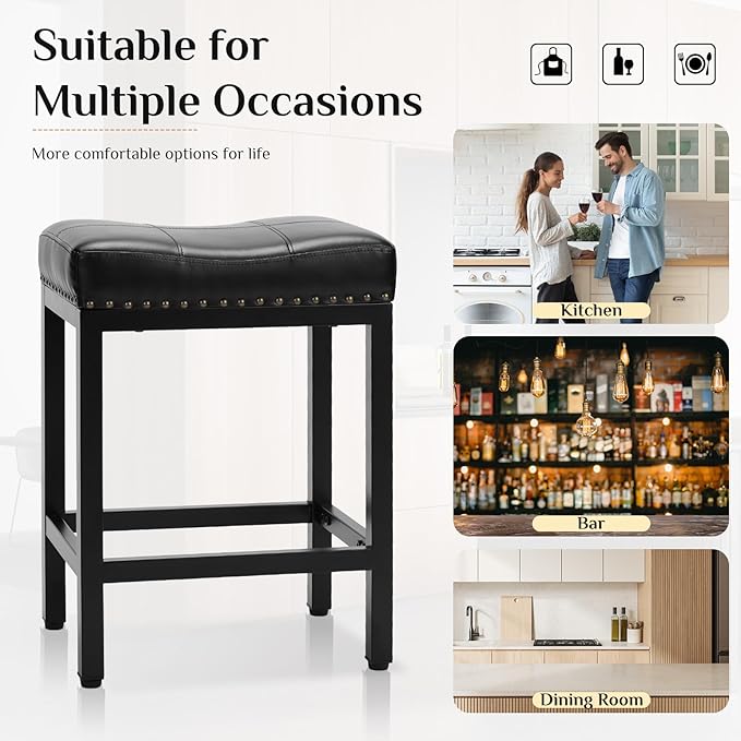 Sweetcrispy 24 inch Bar Stools Set of 6, Upholstered Modern Counter Height Bar Stools for Kitchen Island Modern PU Leather Sadless Stools Chair with Metal Base and Footrest,Black