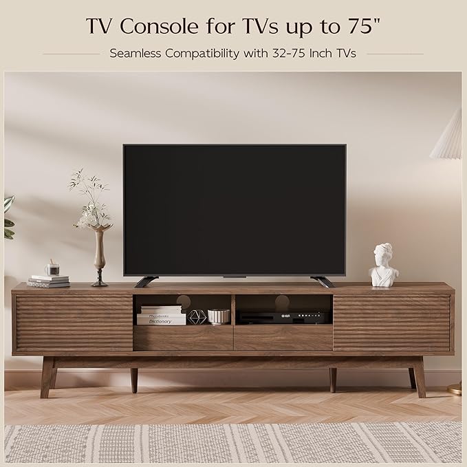 TOLEAD 70" Mid Century Modern TV Stand for TVs up to 75 Inch, Low Profile Entertainment Center with Fluted Sliding Doors & Storage Drawers, Wood TV Console Table for Living Room, Walnut