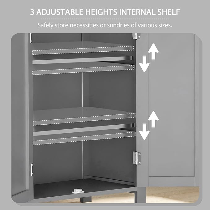 SUPER DEAL Modern Bathroom Floor Storage Cabinet with Adjustable Shelf and Double Door Rust Proof, Living Room Modern Home Furniture Storage Organizer Cabinet, Grey