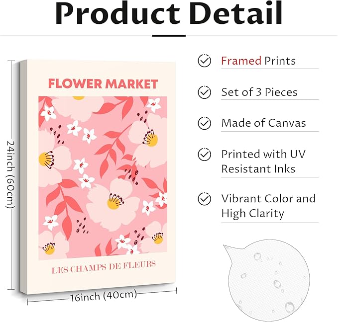 Matisse Abstract Wall Art Decor Pink Flower Canvas Pictures Picasso Aesthetic Wall Art Henri Matisse Prints Poster Abstract Flower Painting Market Artwork for Bedroom 16x24 Inch Framed Set of 3