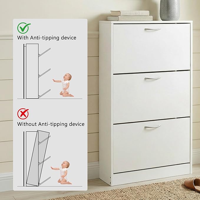 HOPUBUY Shoe Cabinet for Entryway, White Narrow Shoe Storage Cabinet with 3 Flip Drawers, Wood Slim Shoe Rack, 3 Tier Thin Shoe Organizer for Home and Apartment