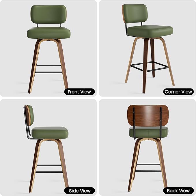 Swivel Bar Stools Set of 4, 26" Upholstered Faux Leather Counter Height Barstools with Walnut Back & Bentwood Legs, Mid Century Modern Bar Chairs Island Stools for Kitchen Counter, Green