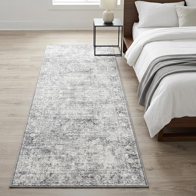 Homemate Washable Rug 2x6 Area Rugs - Vintage Faux Wool Rugs for Living Room Bedroom Dining Room - Non Slip Foldable Carpet Indoor Area Rug for Home Decor（2'x6', Grey