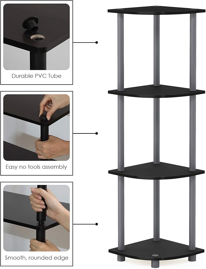 Furinno TURN-N-TUBE Corner Shelf, 4-Tier Corner Bookshelf, Display Storage Shelves with Open Shelves, for Organization and Storage, Living Room, Home Office, Garage, Black