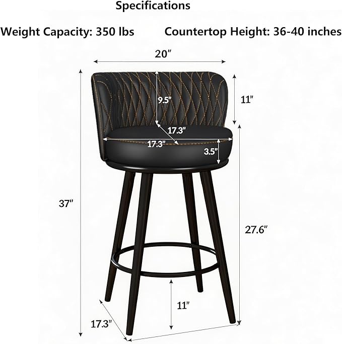 HONIFUR Bar Stools Set of 2, 27 Inch Barstools with Sturdy Legs, Leather Farmhouse Counter Height Bar Stool for Kitchen, Dining, Bar (Black, Leather)