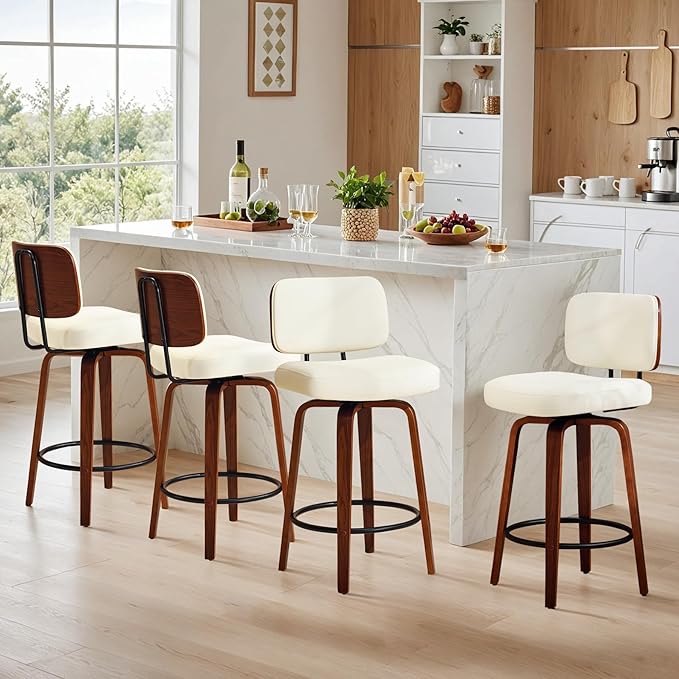 Counter Height Bar Stools Set of 1, 26+inch Swivel Faux Leather Barstool with Back, Upholstered Mid-Century Modern Bar Chairs with Bent Wood Legs for Kitchen Counter, Dining Room, Cream White