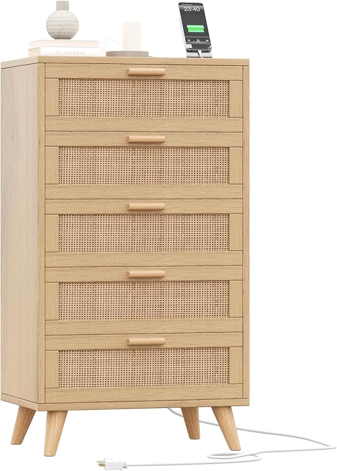 Rovaurx Modern 5 Drawer Dresser for Bedroom, 42.7" Tall Rattan Chest of Dressers with Charging Station, Dresser Chest with Wooden Handles, Beside Table for Closet, Living Room and Entryway, Natural